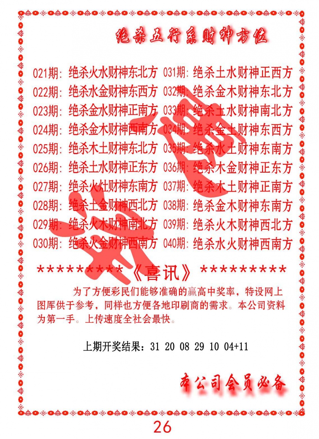 040期绝杀五行及财神方位[图]